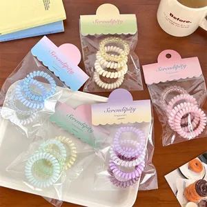 Korean style macaron telephone wire hair ties, high elasticity hair coils set for daily styling.