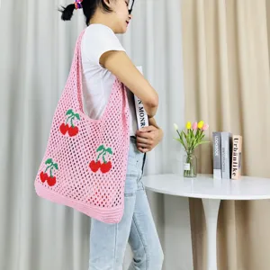 Bolso tote de punto de cereza rosa, lindo bolso de hombro de malla, gran capacidad casual.