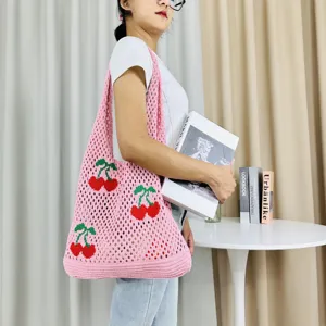 Bolso tote de punto rosa con bonito diseño de cerezas, bolso de hombro de malla gran capacidad.
