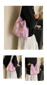 Lila gestrickte Umhängetasche mit stylischem Buchstaben Muster lässige Handtasche Damen
