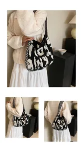 Schwarz weiße gestrickte Umhängetasche für Damen, lässige Strick Shopper Handtasche mit Buchstaben.