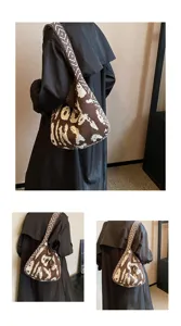 Braune Damen Umhängetasche aus Strick, modische gewebte Beuteltasche mit schönem Muster.