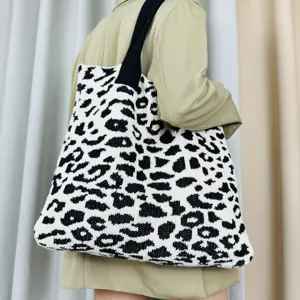 Gestrickte Leo-Print Umhängetasche stylische lässige große Kapazität Tote Bag für Alltag