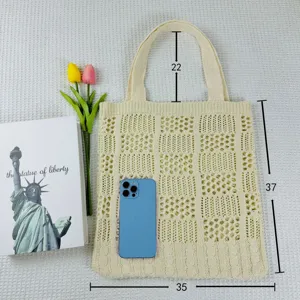Gepflegte Strick Tote Tasche Bequeme Schultertasche Beige Shopper Strandtasche Hohl Design