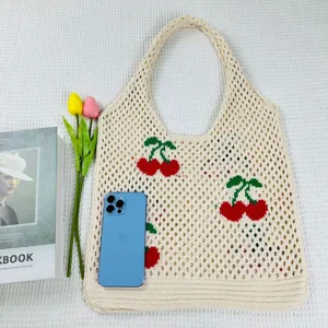 Bolso de hombro tejido de punto con cerezas, bolso tote grande y casual para mujer.