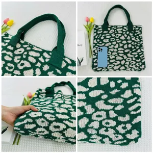 Gestreickte Leo-Print Shopper Tasche, grüne und weiße lässige große Umhängetasche.