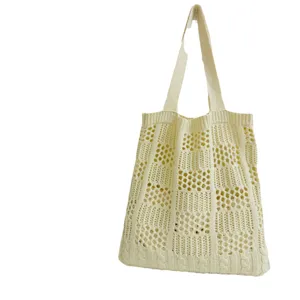 Beigefarbene gestrickte Handtasche Damen, große Kapazität lässige Häkel Strand Tasche.