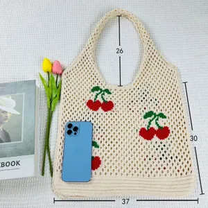 Bolso tote de punto beige con bonito patrón de cerezas, bolso de hombro informal para mujer.