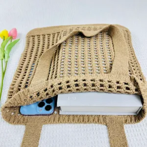 Geknotete Häkel Strick Netz Tragetasche, lässige Strand Schultertasche für Damen im Alltag.