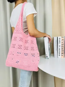 Rosa Häkel-Tasche Strick Shopper, vintage Lochmuster Umhängetasche, große Strandtasche Damen.