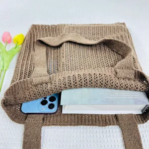 Brown knitted tote bag hollow mesh shoulder bag large capacity casual beach bag daily use