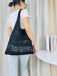 Schwarze Häkel Umhängetasche große Kapazität Shopper Vintage lässige Strandtasche Detail Ansicht