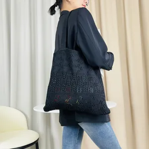 Schwarze Strick Tote Tasche für Damen, lässige Häkel Schultertasche, modische Strandtasche.