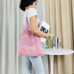Pink knitted hollow shoulder tote bag, large capacity casual beach handbag for women.