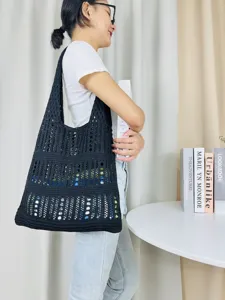 Schwarze Häkel Umhängetasche ausgefallen Strick Shopper große Kapazität Strandtasche retro.
