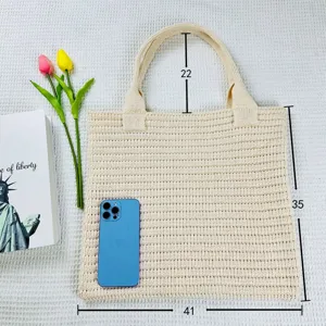 Borsa shopper in maglia beige, borsa a tracolla casual di grande capacità per lo shopping quotidiano.