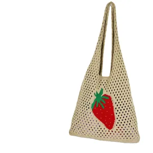 Gestreickte Netz-Tasche mit süßem Erdbeer-Muster lässige Strandtasche Schultertasche Sommer.