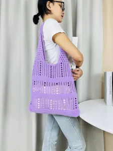 Lila Strick Häkeln Schulter Tote Bag, große Kapazität hohle Strandtasche für Frauen Alltag.