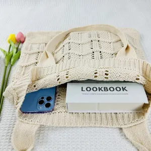 Borsa tote a rete lavorata a maglia beige borsa a spalla casual borsa da spiaggia per donne