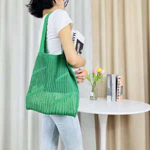 Green knitted mesh tote bag casual large capacity shoulder bag summer beach handbag