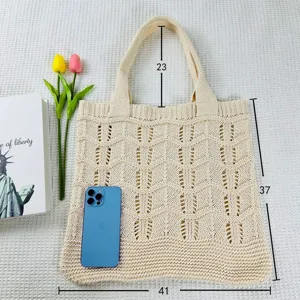 Borsa tote traforata in maglia beige, grande borsa a spalla con elegante design intrecciato quotidiano.
