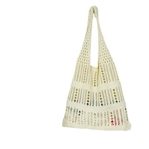 Beigefarbene Strick-Hohltasche Umhängetasche, große Kapazität lässige Strand-Tragetasche für Damen.