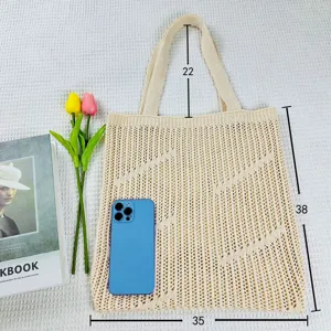 Beige knitted hollow tote bag, stylish large capacity beach shoulder bag for women.
