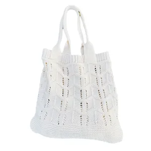 Borsa shopper a spalla in maglia bianca traforata, grande borsa da spiaggia casual per donne.
