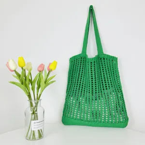 Grüne Strick Häkel Shopper Tasche, gehäkelte Schultertasche, modische Strandtasche für Damen