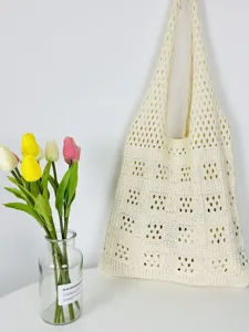 Beige Häkel-Shopper für Damen, Retro hohle Strick-Umhängetasche, große Strandtasche Handtasche.