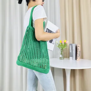 Grüne gestreifte Mesh Umhängetasche gehäkelte Strand Tote Handtasche für Damen Detailansicht