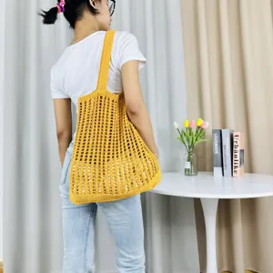 Gelbe gestrickte Netztasche, modische Schultertasche, lässige Strandhandtasche für Damen