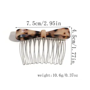 Tortoiseshell bow hair comb with metal teeth, 7.5x4.5cm size, stylish side hair clip for women.