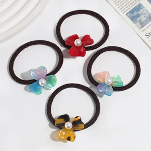 Fashion sweet resin flower hair ties with pearl center, cute elastic ponytail holders.