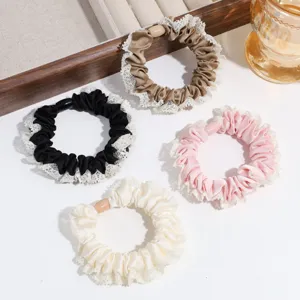 Elegant Satin Lace Trim Scrunchie With Bead Accents Solid Color High Elastic Hair Band Fashion Hair Accessories For Women Daily Commute