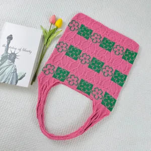Pink green floral knit tote bag large capacity woven shoulder bag aesthetic casual handbag.