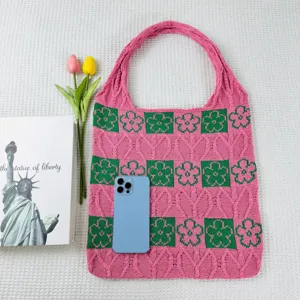 Pink knit tote bag with green floral pattern, large capacity woven shoulder bag for daily casual use.