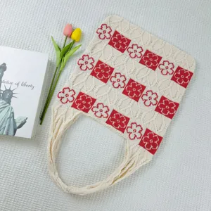 Knitted tote bag with red and white floral pattern casual shoulder bag for women daily use