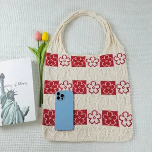 Knit floral tote bag casual large capacity shoulder bag aesthetic knitted handbag for women