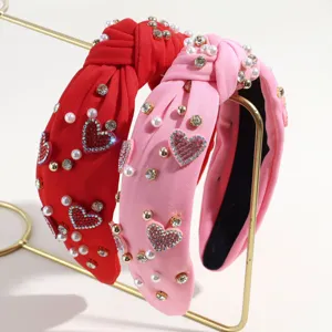Detailed shot of trendy rhinestone pearl knotted headbands, sweet style hair accessories.