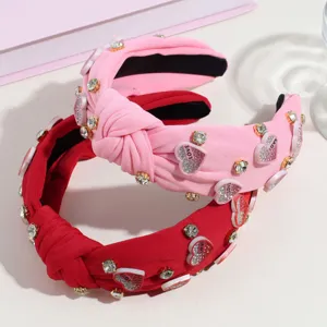 Rhinestone knotted headband set, sweet pink and red hair hoop with love heart charms for women.
