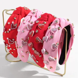 Valentine Day Fabric Knotted Wide Headband Artificial Pearl Rhinestone Heart Shape Hairband Statement Fashion Headwear For Women