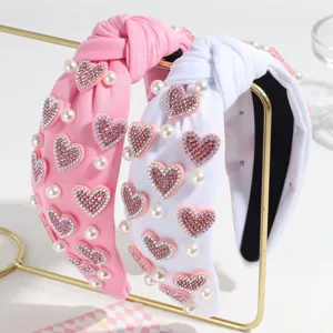 Cute rhinestone heart knotted headband with pearls wide hair hoop sweet fashion accessories