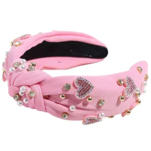 Pink knotted headband wide pearl rhinestone hair hoop cute sweet fashion hair accessories for women
