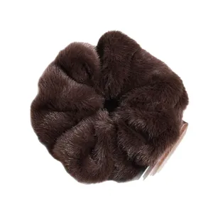 Oversized brown faux fur hair scrunchie, soft plush hair tie for women and girls daily wear.