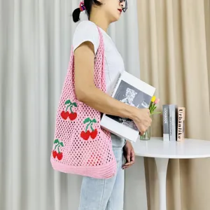 Bolso tote de punto rosa con cerezas, bolso de hombro de malla estética, bolso de verano casual.