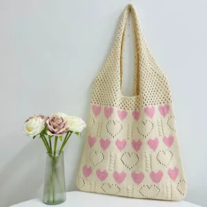 Damen Gestrickte Herz Einkaufstasche Hohl Gehäkelte Schultertasche Strand Einkaufstasche Casual Große Kapazität Strick Handtasche