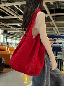 Rote gestrickte hohle Tragetasche, lässige Schulter-Netzhandtasche für Frauen im Alltag.