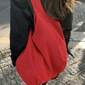 Rote Strick Hobo Tasche Ausgehöhlte Shopper Schultertasche Damen Strandtasche Lässig