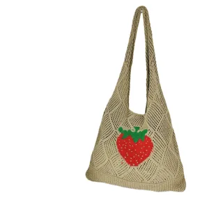 Gepflegte Häkel-Tasche mit Erdbeermuster, lässige Strick-Umhängetasche für Damen Alltag.